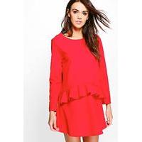 Frill Front Woven Shift Dress - red