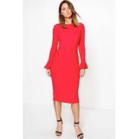 frill sleeve fitted midi dress red