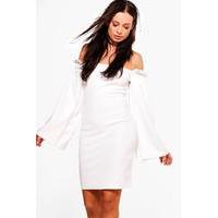 frill detail wide sleeve bodycon dress ivory