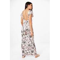 Frill Sleeve Backless Floral Maxi Dress - white