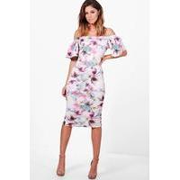 Frill Sleeve Off The Shoulder Floral Midi Dress - multi