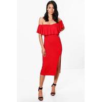 frill detail off the shoulder midi dress red