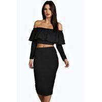 Frill Crop Top Midi Skirt Co-Ord Set - black
