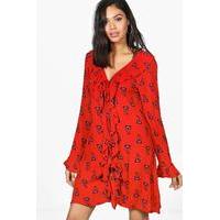 Frill Front Lace Up Printed Dress - red