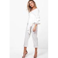 Frill & Tie Crop With Woven Trouser Co-Ord - ivory