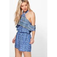 frill cutaway shoulder printed playsuit blue