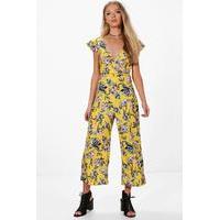 Frill Shoulder Floral Print Culotte Jumpsuit - yellow