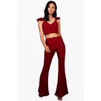 Frill Crop & Flare Trouser Co-ord Set - berry