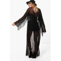 fringed back maxi kimono black