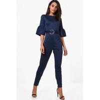 Frill Cuff Belted Jumpsuit - navy