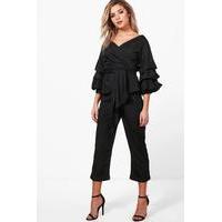 Frill & Tie Crop With Woven Trouser Co-Ord - black