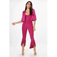 Frill Hem Jumpsuit & Crop Jacket Co-Ord Set - fuchsia