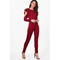 frill cold shoulder jumpsuit wine