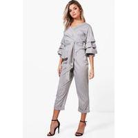 Frill & Tie Crop With Woven Trouser Co-Ord - grey
