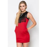 Fringed Faux Leather Trim Dress