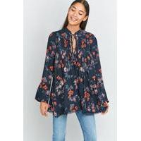 Free People So Fine Floral Navy Smocked Crepe Top, NAVY