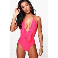 Fringed Plunge Swimsuit - coral