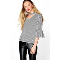 Frill Sleeve Striped Choker Blouse - black