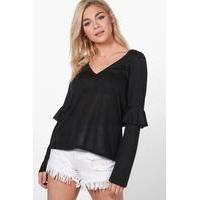 Frill Sleeve V-Neck Top - black