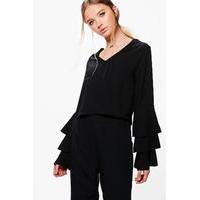 frill sleeve woven top black