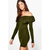 Frill Neck Long Sleeve Jumper Dress - khaki