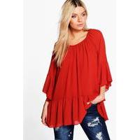 Frill Sleeve Dropped Hem Tunic Top - rust