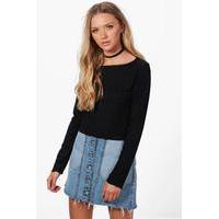 Frill Edge Rib Knitted Top - black