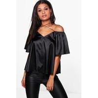 Frill Sleeve Strappy Satin Top - black