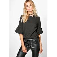 frill sleeve woven shell top black