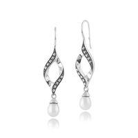 Freshwater Pearl & Marcasite Twist Drop Earrings in 925 Sterling Silver