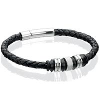 Fred Bennett Stainless Steel Black Rings Black Leather Bracelet B4416