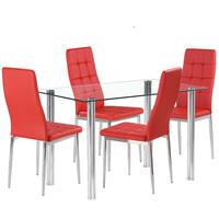 Fuse Glass Dining Table In Clear With 4 Cosmo Red Chairs