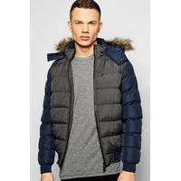 Fur Hooded Quilted Jacket - charcoal