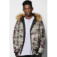 Fur Hooded Camo Jacket - khaki