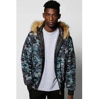 fur hooded camo jacket navy