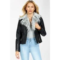 FUR COLLAR PU BIKER JACKET