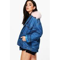 Fur Line Oversize Denim Trucker Jacket - mid blue