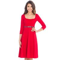 Full Skirt Midi Dress with Belt - Red