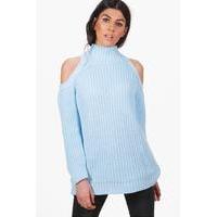 Funnel Neck Cold Shoulder Jumper - blue