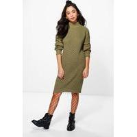 Funnel Neck Chunky Knit Jumper Dress - khaki