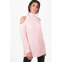 Funnel Neck Cold Shoulder Jumper - blush