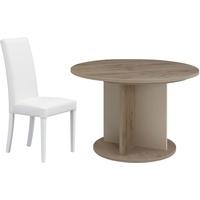 Gami Sha Smoky Oak Dining Set - Round Extending with Ava White Chairs