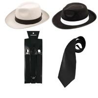 Gangster Fancy 1920\'s Dress Mens Costume Mob Hat Braces Tie Set (OneStopClothingCo) (White Hat-Black Tie&Braces)