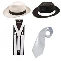 Gangster Fancy 1920\'s Dress Mens Costume Mob Hat Braces Tie Set (OneStopClothingCo) (Full White Set)