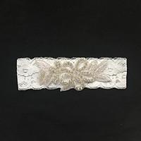 Garter Lace Flower/Rhinestone Ivory