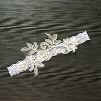 garter stretch satin lace flower imitation pearl white gray