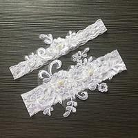 garter stretch satin lace flower imitation pearl white