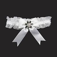 Garter Satin Lace Bowknot Rhinestone White