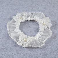 garter stretch satin lace flower imitation pearl ivory