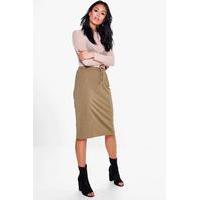 Gathered Waist Loopback Midi Skirt - khaki